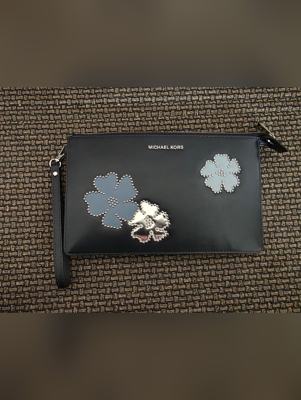 Michael Kors Blue And Silver Floral Studded Leather Wristlet